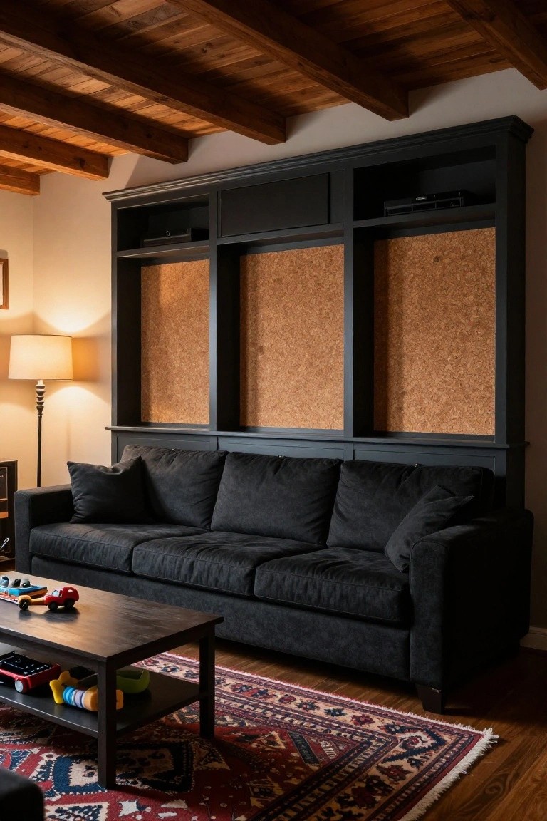 Dark gray sectional sofa with toys in front of built-in corkboard unit.