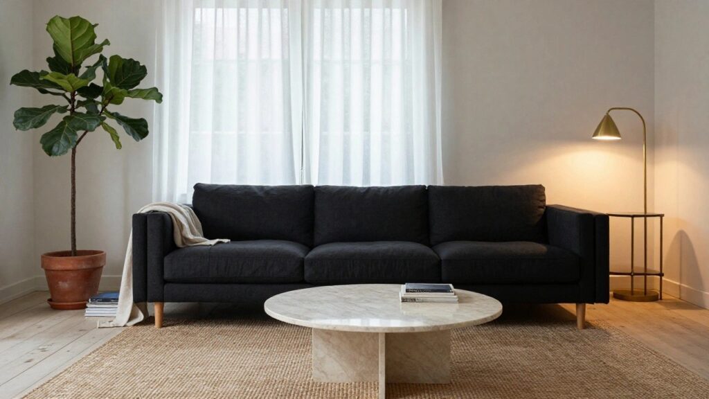 Black fabric sofa with cream throw blanket in a bright living room featuring sheer curtains over large windows, gold arc floor lamp, tall fiddle leaf fig in terracotta pot, round white marble coffee table with books, beige seagrass rug, and light wood floors.