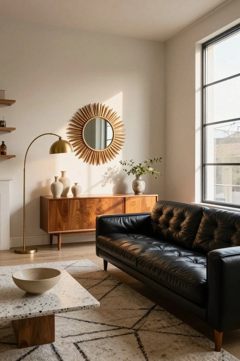 Modern living room with black tufted leather sofa next to wooden credenza holding white vases, gold arc lamp, sunburst mirror on beige wall, terrazzo coffee table on patterned rug, and large window.