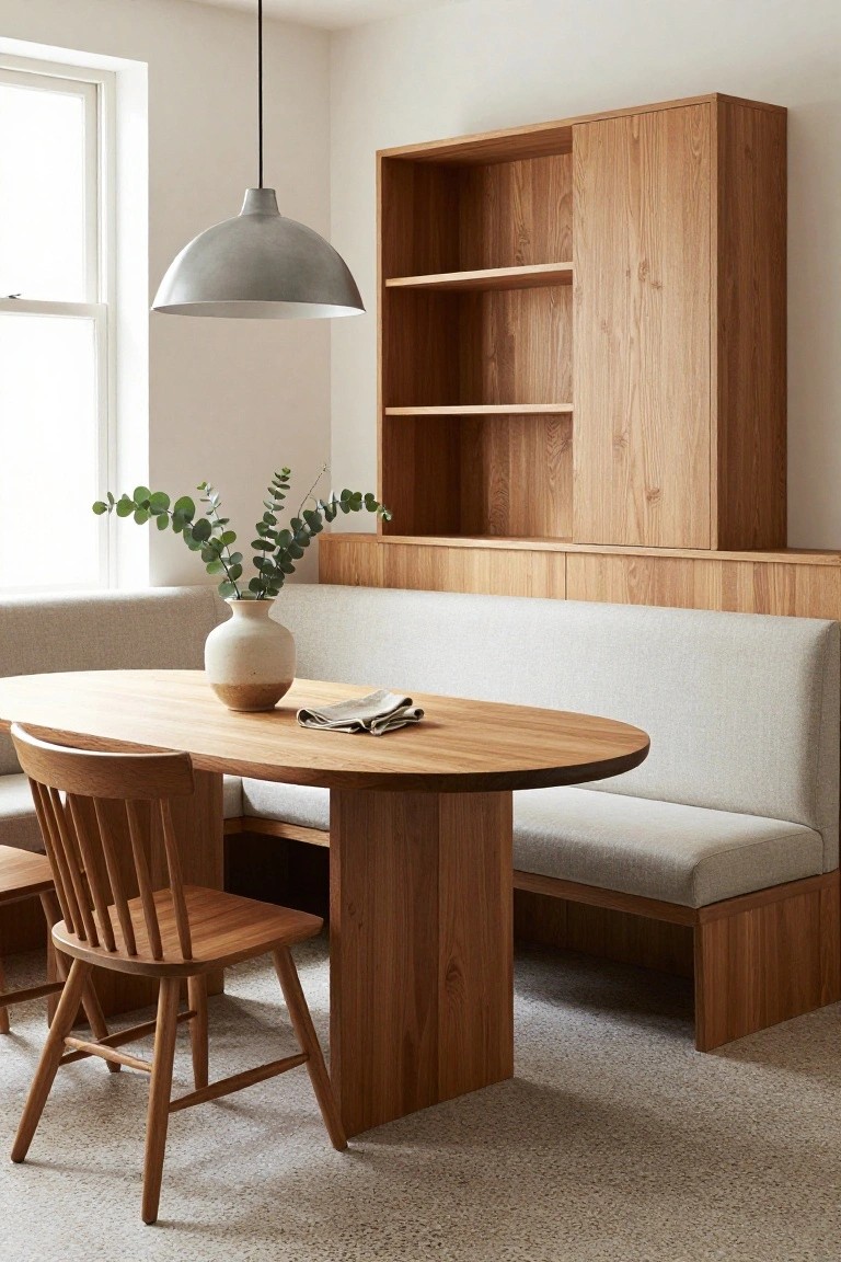 Dining nook interior with oval wooden table, wooden spindle chair, built-in light gray upholstered bench on wood base, wooden shelving cabinet, potted eucalyptus plant, and gray pendant light hanging above.