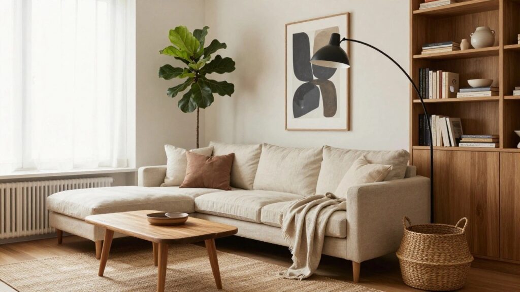 Light beige linen sofa with pillows and throw on wooden legs next to tall open oak bookshelves displaying ceramics, books, and plants, with a wooden coffee table, arc floor lamp, and seagrass rug in a bright room with white walls and a window.