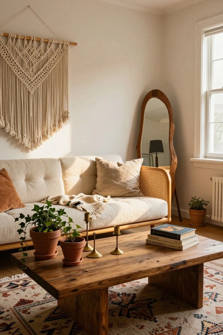 Sunlit living room corner with cream tufted sofa, rustic wood coffee table holding plants books and candles, rattan chair, wood mirror, macrame wall hanging, and potted ivy.