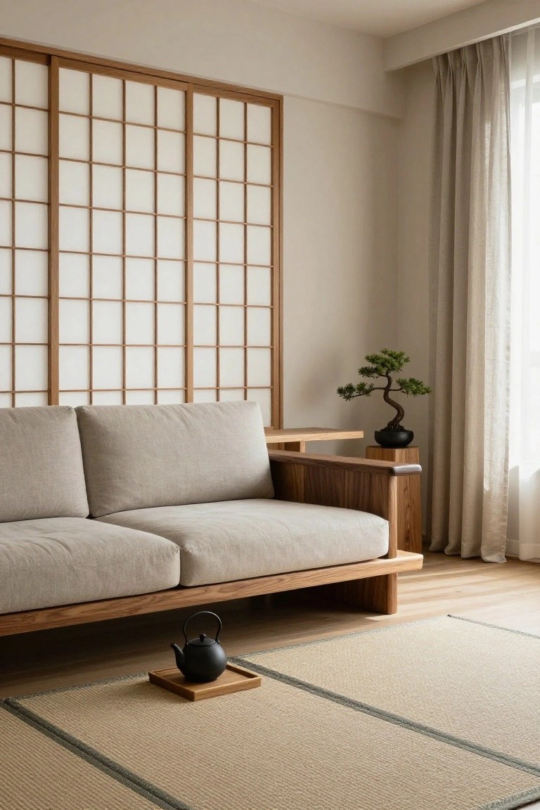 Beige low-profile sofa with prominent wooden arms and base in a minimalist living room with shoji screens, bonsai plant on a wooden stand, black teapot on wooden tray, and beige tatami-style rug on light wood floor.