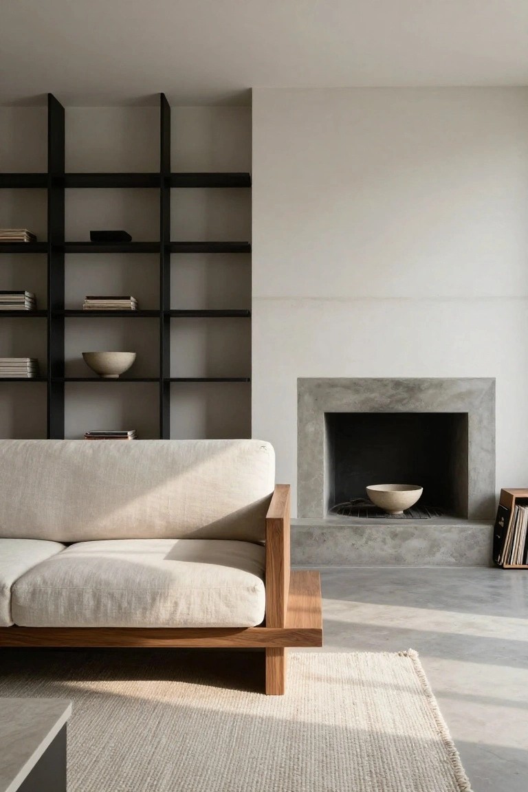 Minimalist living room with low cream sofa on wooden frame facing concrete fireplace containing ceramic bowl, black metal bookshelves with books and bowls, seagrass rug, and low table on polished concrete floor.