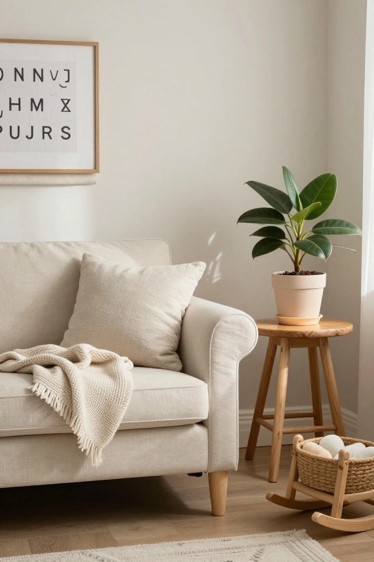 Beige fabric sofa with cream pillows and throw blanket in a light room, next to a wooden tripod side table holding a potted green plant, with a wooden rocking horse and basket of white eggs nearby, framed abstract letter art on the wall.