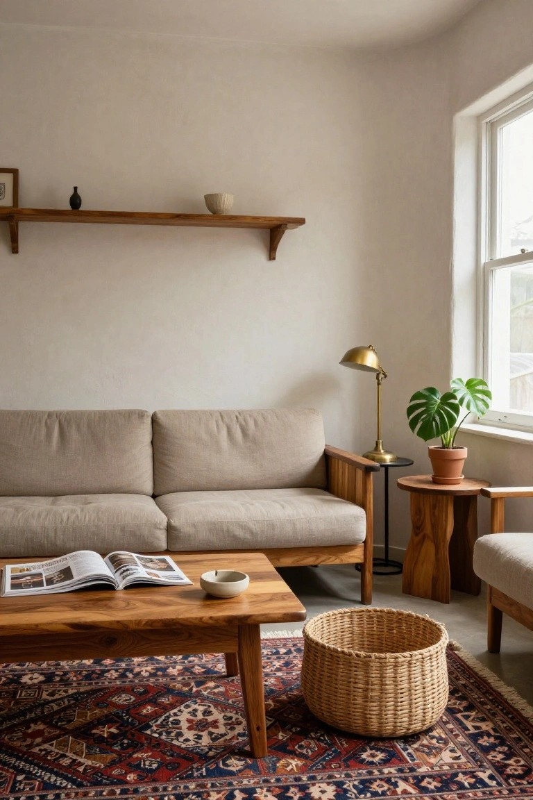 Beige linen sofa with wooden armrests and frame in a white living room with wooden coffee table, side tables, shelves, potted plant, and red patterned rug.