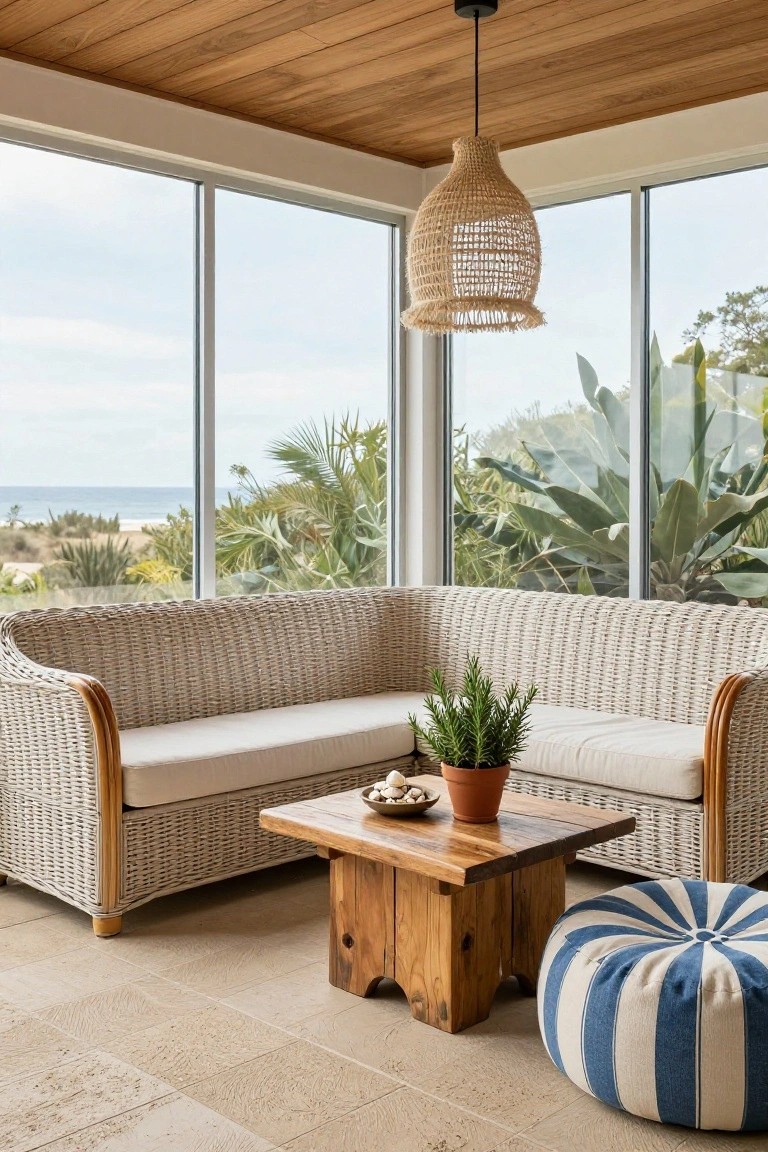 Beige rattan L-shaped sofa in a glass-walled room with wooden ceiling, low wooden coffee table holding potted rosemary and seashells, blue and white striped pouf on beige tiled floor, rattan pendant light hanging above, ocean view through windows with palms and beach outside.