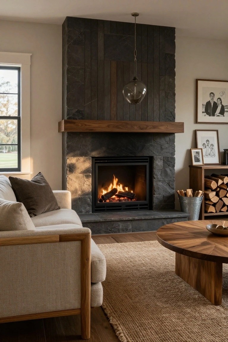 Modern living room with a stone fireplace, wooden mantel, and cozy furniture.