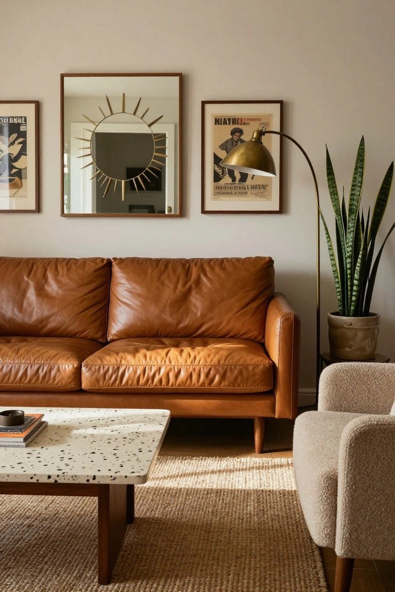 Tan leather two-seater sofa in a light beige living room with wood-legged terrazzo coffee table, cream bouclé armchair, tall snake plant in terracotta pot, vintage posters, brass arc lamp, and gold sunburst mirror on wall.