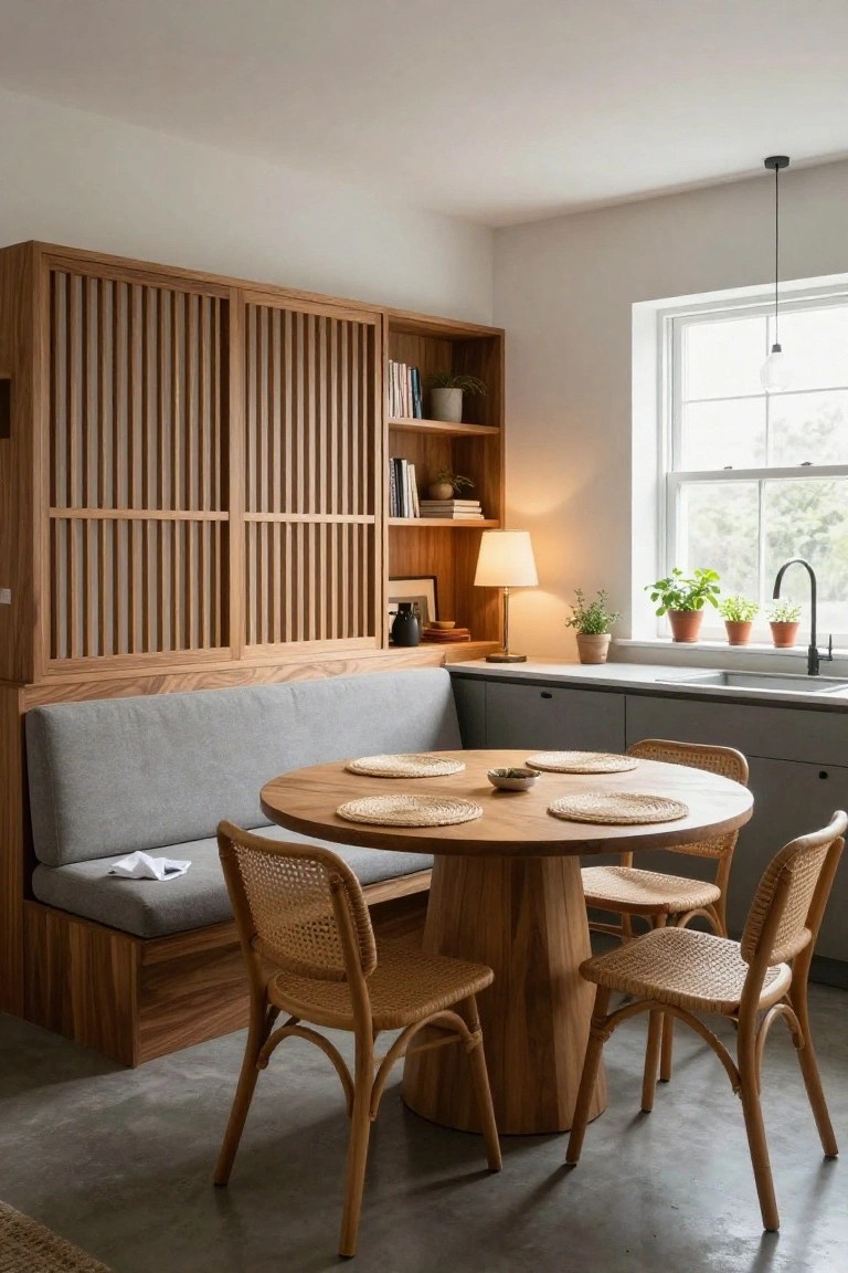Kitchen nook with built-in wooden bench seating upholstered in gray, round wooden table with woven placemats, rattan chairs, slatted wooden cabinetry, gray countertops, sink, and potted plants.