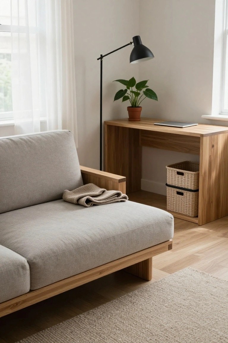 Gray fabric sofa with light wood frame positioned next to a wooden desk in a bright corner room with sheer curtains on windows, black floor lamp, potted plant, laptop on desk, and woven baskets underneath.