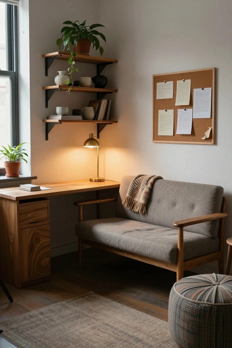 Gray fabric sofa with wooden arms, legs, and frame next to wooden desk and drawer unit in a corner room with wall shelves holding plants and ceramics, desk lamp, small plants, rug, and corkboard.