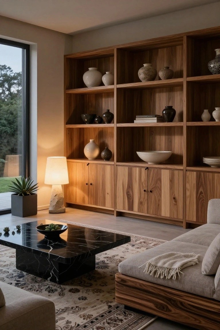 Living room with low gray sofa on wood platform base, black marble coffee table, potted plants, tall wooden shelving unit displaying ceramics and bowls, lamp, and large window overlooking greenery.