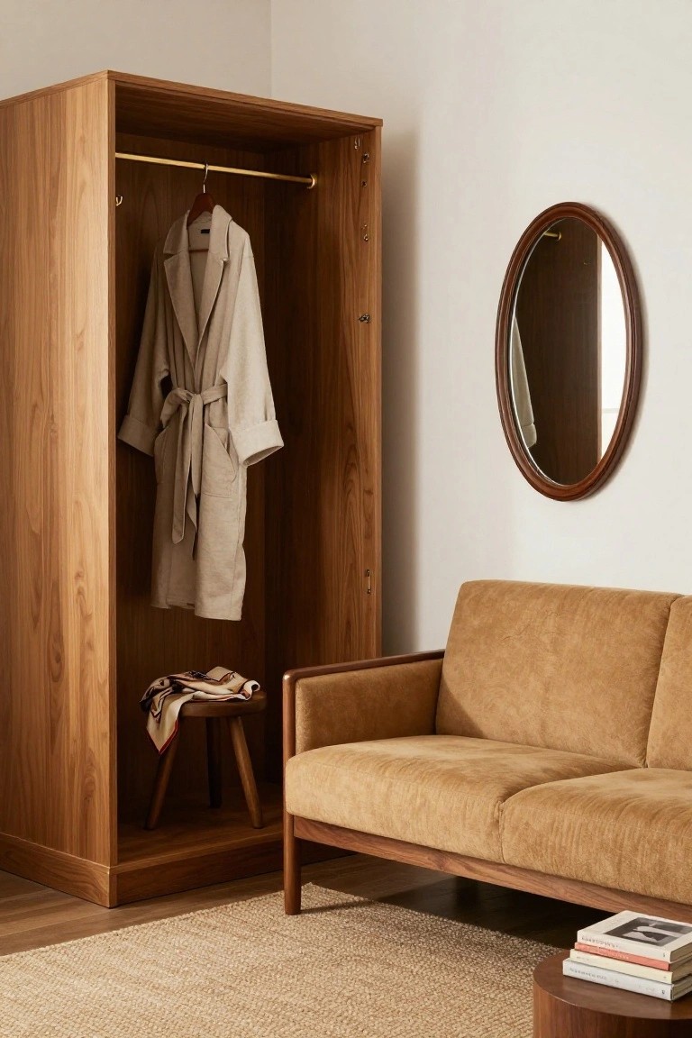 Open freestanding wooden wardrobe with beige robe hanging on a brass rod inside, positioned next to mustard-colored velvet sofa on wood frame, small wood stool holding folded towels, oval wood mirror on wall, and wood side table with stacked books on seagrass rug in light room.
