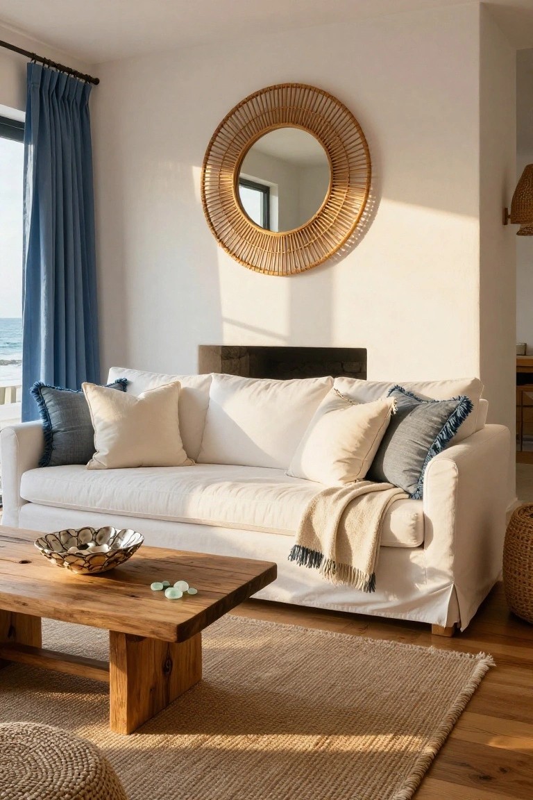 White slipcovered sofa with blue fringed pillows, beige pillows, and a cream throw blanket on a wooden coffee table in a bright living room with blue curtains, rattan mirror, and ocean view.