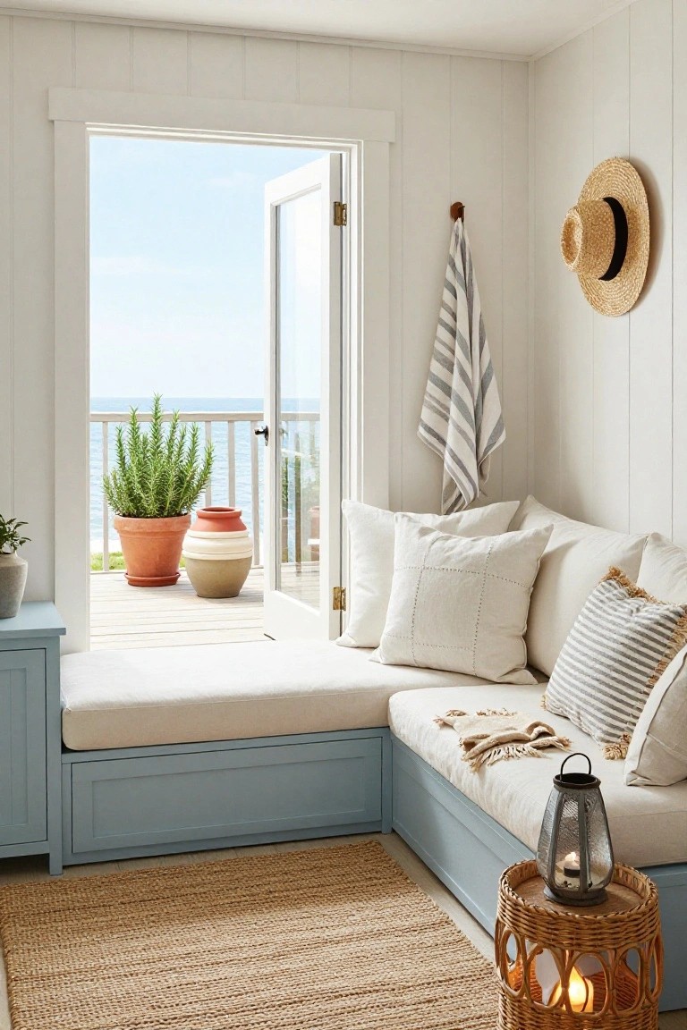 Corner seating nook with off-white cushions and pillows on a low blue sofa, open French doors to a balcony overlooking the ocean, potted plants, striped towel on wall, straw hat, and lantern on rattan table.