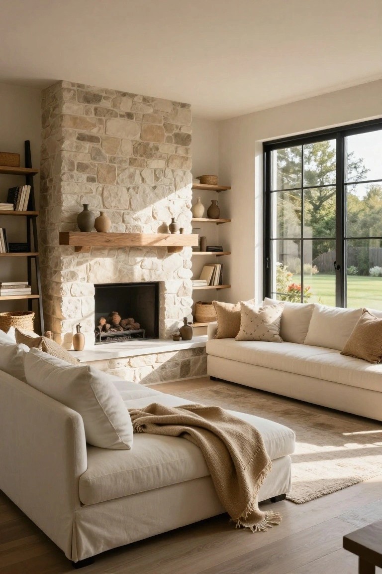 Living room with beige stone fireplace, wooden mantel holding pottery, black metal shelves with books and baskets, two off-white sofas with beige cushions and tan throw blanket, large black-framed windows showing garden view, light wood floors.