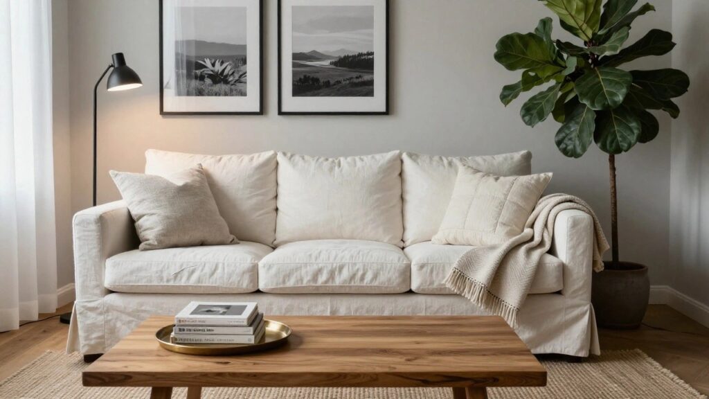 19 Off White Sofa Cushion Ideas for Beautiful Styling Light-filled living room with cream linen sofa topped by off-white pillows including smooth and quilted styles, wooden coffee table with stacked books on brass tray, tall fiddle leaf fig plant beside black floor lamp, and framed photo on white wall.