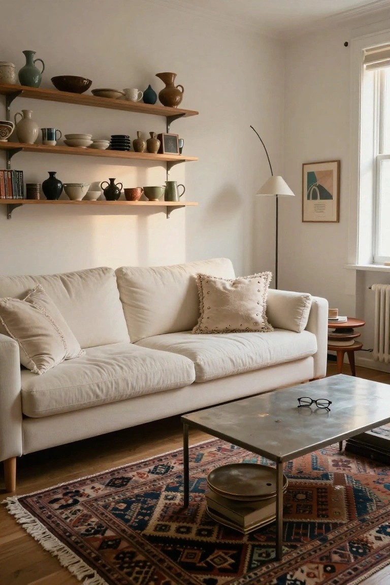 Cream-colored linen sofa with fringed and beaded pillows, wooden floating shelves holding assorted pottery and dishes, metal coffee table with glasses and books, arc floor lamp, and patterned rug in a light-filled living room.