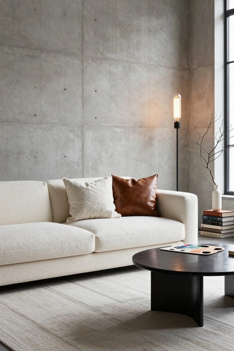 Modern living room featuring a creamy white bouclé sofa with white linen and brown leather pillows, black coffee table, floor lamp with branches, stack of books, and exposed concrete walls beside a large window.