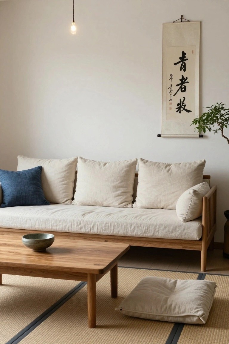 Minimalist indoor living room with off-white linen sofa featuring cream cushions and one navy pillow, low wooden coffee table holding a ceramic bowl, tatami flooring, hanging bulb light, and beige wall scroll with black calligraphy.