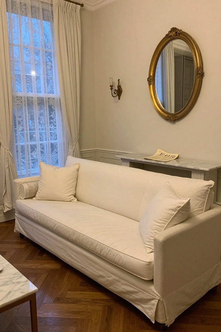 White slipcovered sofa with large off-white cushions in a beige room with curtained window, gold oval mirror, marble console table holding a newspaper, wall sconce, and parquet floor with small marble side table.