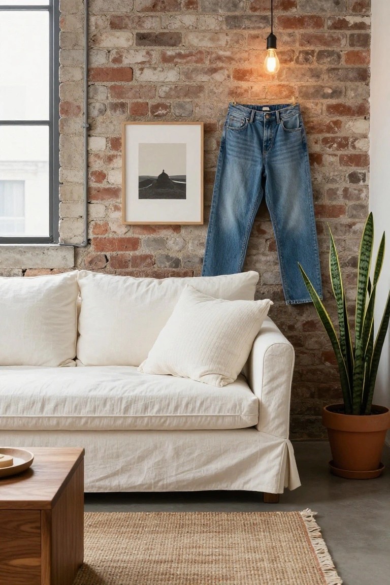 White slipcovered sofa with off-white cushions in a room featuring exposed brick walls, hanging blue jeans, a wooden coffee table, a potted snake plant, a seagrass rug, and a pendant bulb light.