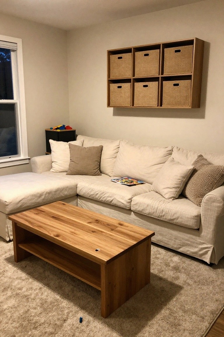 Light beige L-shaped slipcovered sofa with neutral pillows and a wooden coffee table in a pale room with wall-mounted fabric bins and colorful toys nearby.