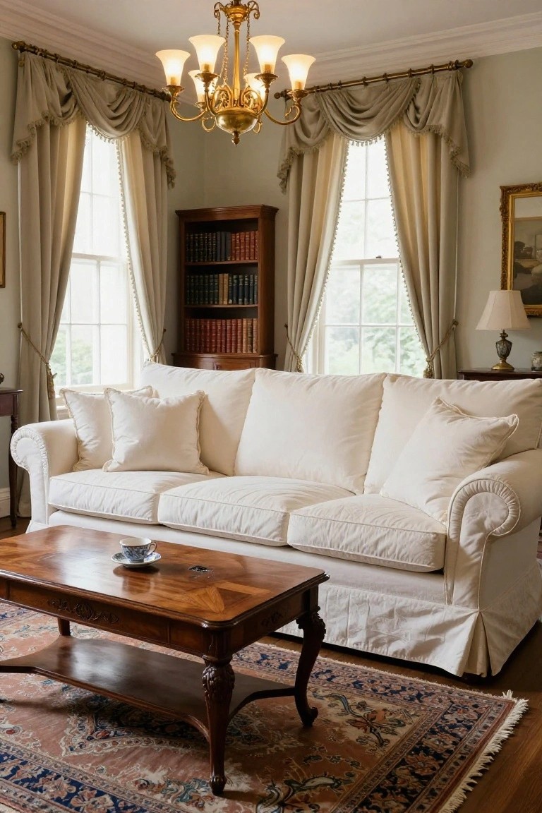 Traditional living room with a large off-white upholstered sofa piled with multiple white square cushions, wooden coffee table holding a teacup and saucer, tall bookshelves, cream curtains on large windows, and a brass chandelier.