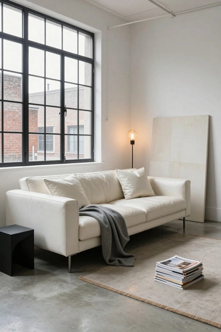 White modular sofa with white cushions and pillows draped with a gray throw blanket in a minimalist industrial interior featuring large black metal windows, a floor lamp, beige rug, black side table, and stack of magazines on polished concrete floor.