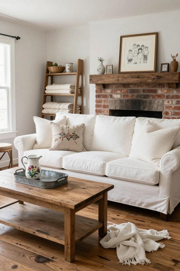 Cozy living room with white slipcovered sofa topped by white textured pillows including embroidered floral and waffle styles, wooden coffee table with metal tray holding flowered pitcher, brick fireplace with wood mantel, ladder shelf holding baskets linens and pottery, hardwood floors with white throw on ground.