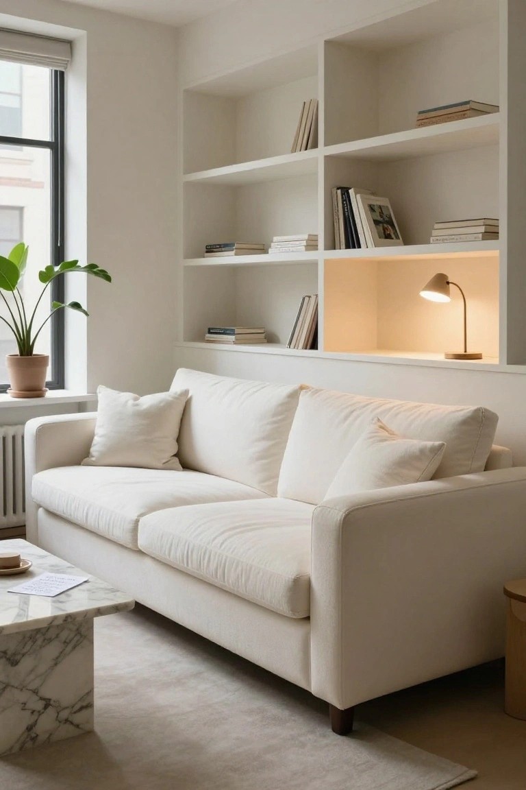 A minimalist living room interior with an off-white fabric sofa covered in white cushions, white built-in bookshelves with books, a marble coffee table, a potted green plant by a window with blinds, and a small wooden side table.