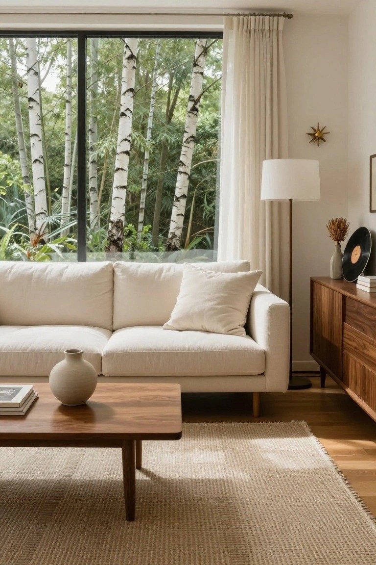 Modern living room featuring a light off-white sofa, wooden coffee table with vase and books, credenza with records and lamp, sheer curtains on large windows overlooking birch trees, neutral rug on wood floor.