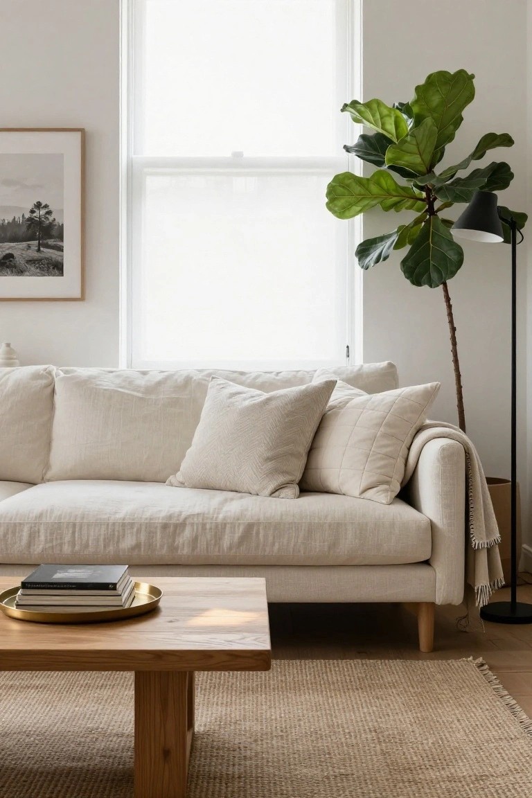 Light-filled living room with cream linen sofa topped by off-white pillows including smooth and quilted styles, wooden coffee table with stacked books on brass tray, tall fiddle leaf fig plant beside black floor lamp, and framed photo on white wall.
