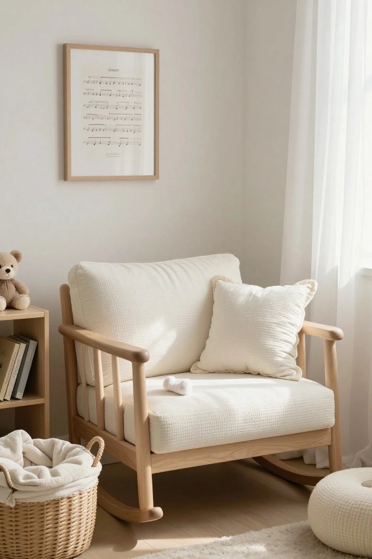 Light nursery corner with a wooden rocking chair upholstered in off-white textured fabric, a matching quilted pillow, shelf holding books and teddy bear, wicker basket with blanket, and framed sheet music on wall near sheer curtained window.