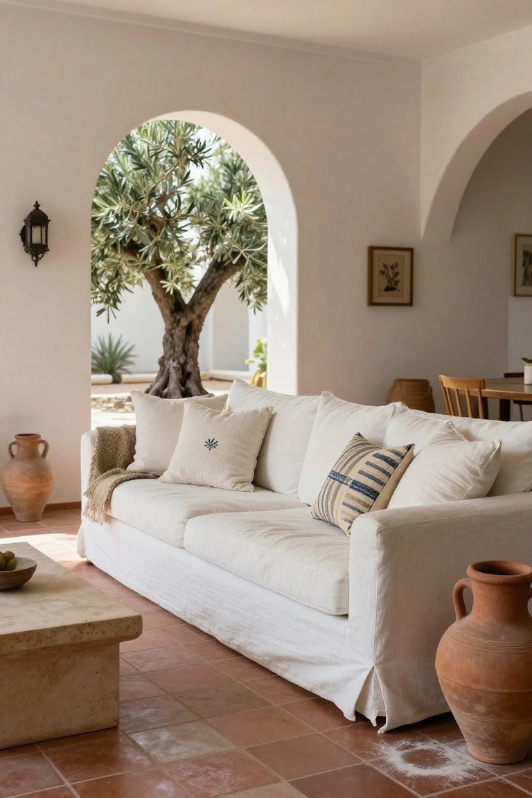 White slipcovered sofa with layered cushions including embroidered and striped pillows, a tan throw blanket, low stone coffee table, terracotta pots, on terracotta tile floor in white-walled room with archway to olive tree outside.