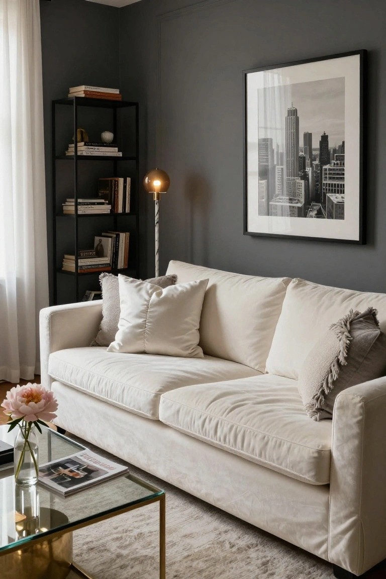 A creamy off-white sofa with layered white cushions including satin, fluffy, and fringed styles, next to a glass coffee table with a pink peony in a bottle vase and a magazine, in a dark gray-walled room with a black bookshelf and large black-framed cityscape photo.