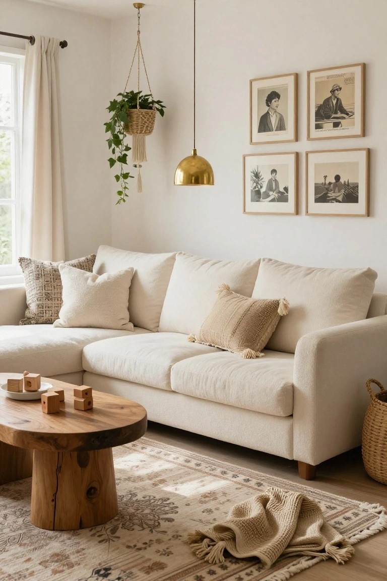 Cream L-shaped sofa with textured pillows including fluffy off-white, pom-pom trimmed tan, and patterned cream styles, wooden coffee table with blocks, woven rug, hanging plant, and framed photos on white walls in a bright living room.