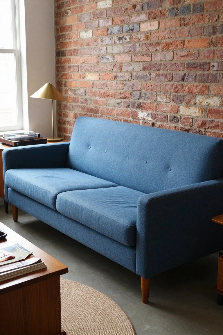 Blue tufted fabric sofa with wooden legs in a living room against exposed brick wall, next to wooden coffee table, gold lamp, and vinyl record player.