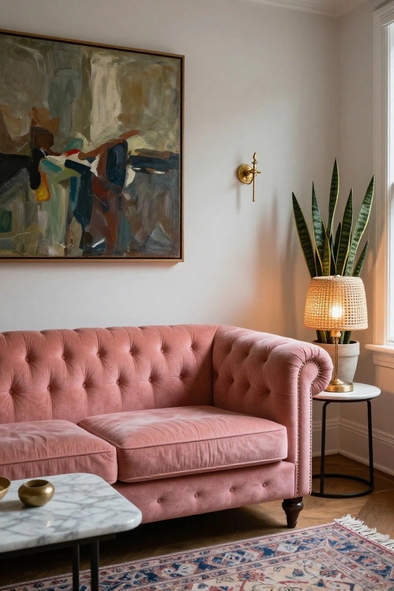 A corner of a living room with a pink tufted velvet sofa, white marble coffee table with gold bowls, large abstract painting on the wall, snake plant in a pot, rattan table lamp on a side table, and hardwood floors with a patterned rug.