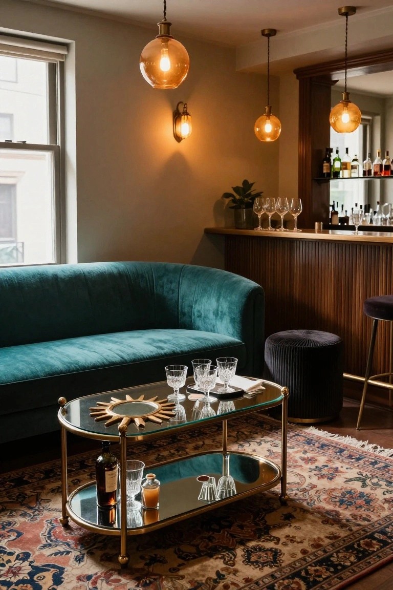 Curved teal velvet sofa in a lounge room with brass and glass sunburst coffee table, bar counter lined with bottles and glasses, wall sconce lighting, and patterned rug on wood floor.