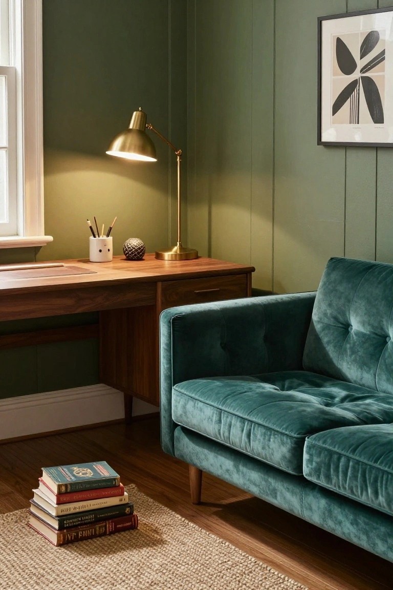 Corner of a green paneled room with emerald green velvet sofa next to wooden desk, brass desk lamp, white pencil holder, and stack of books on seagrass rug.