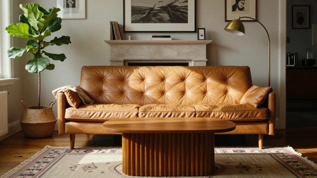 19 Retro Sofa Ideas That Bring Back Classic Charm Tan tufted leather sofa in a living room with a fiddle leaf fig plant in a basket, gold arc lamp, wooden coffee table, red patterned rug, vinyl record on shelf, and two framed portraits on wall.