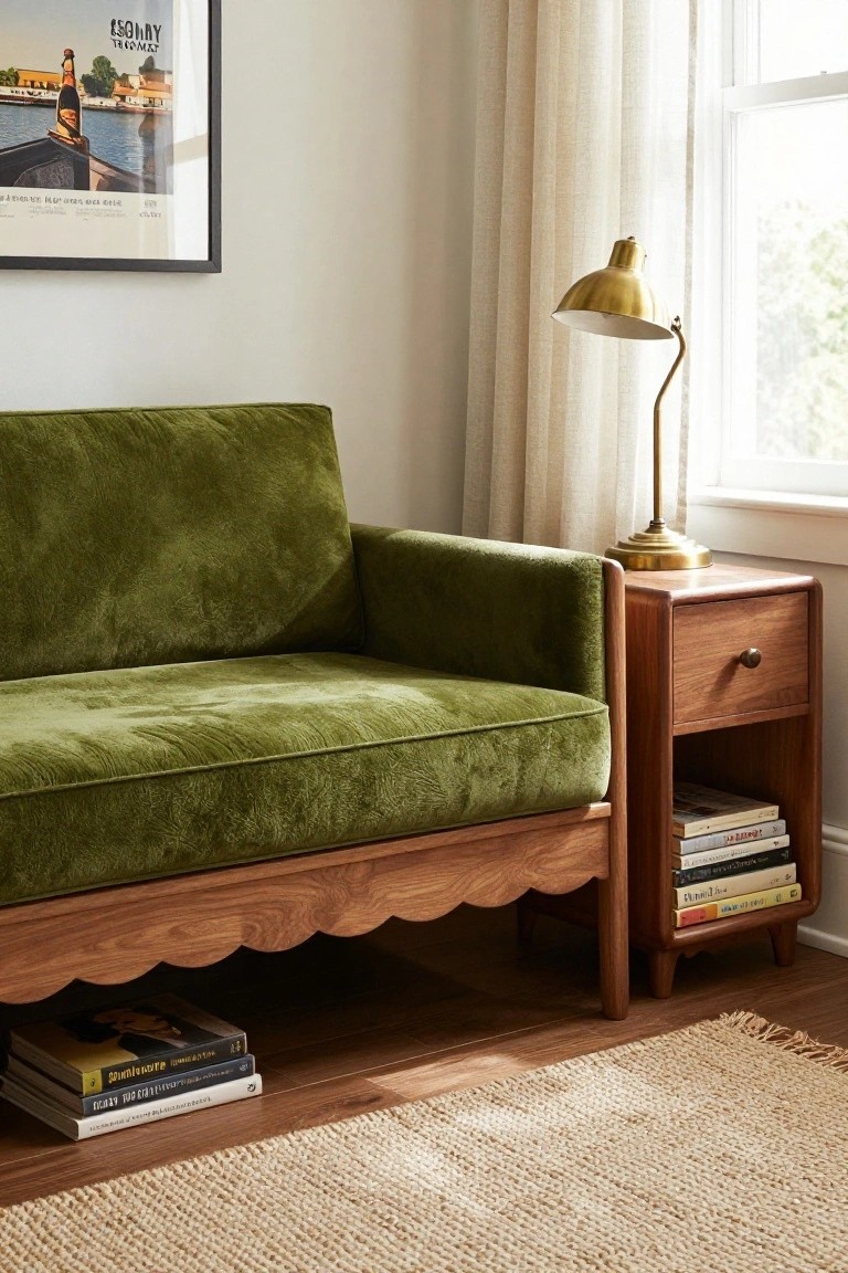 Green velvet loveseat with scalloped wooden base next to wooden side table, brass lamp, and stacked books on hardwood floor in room with sheer curtains and window.