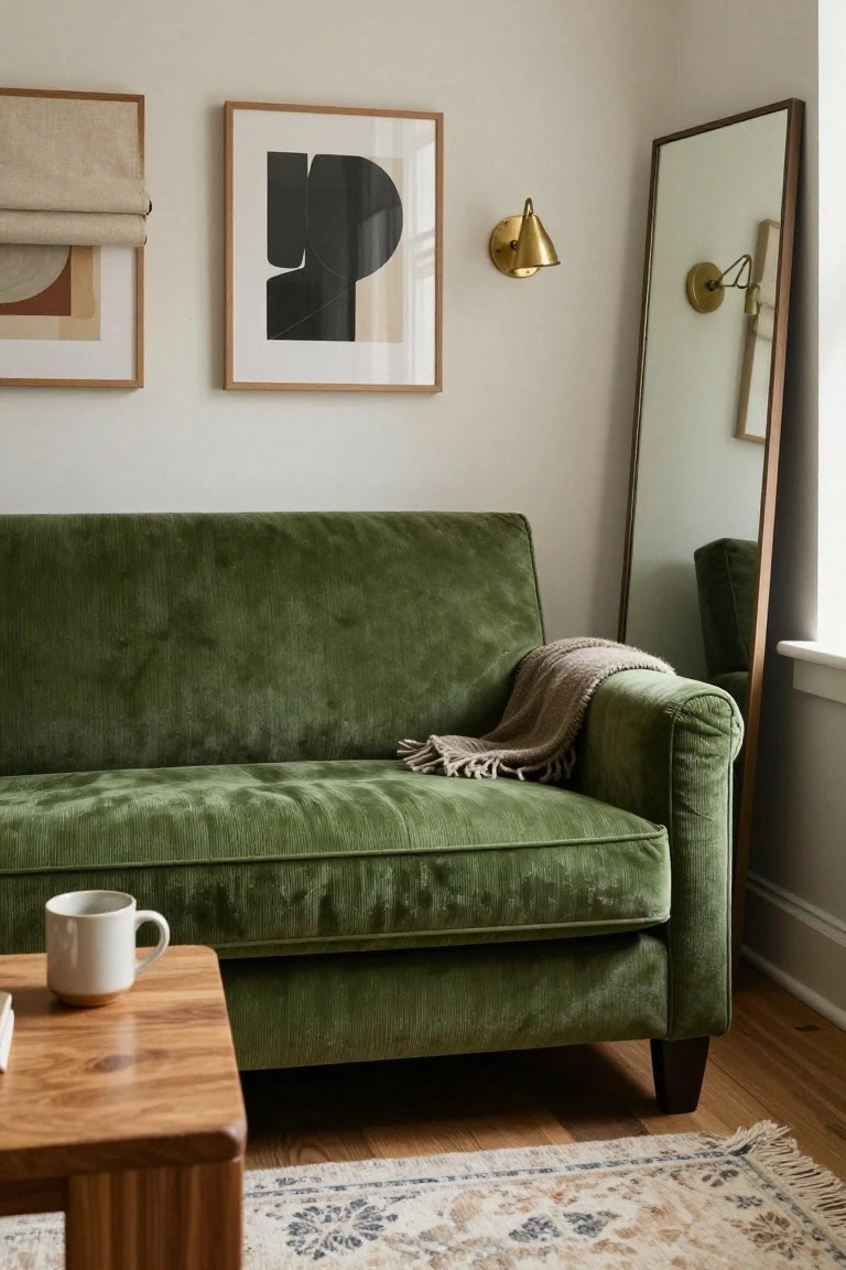 Corner of a living room featuring a green velvet loveseat with a beige throw blanket, wooden coffee table holding a white mug, neutral walls with abstract art and a full-length mirror, brass wall sconce, and patterned rug on hardwood floor.