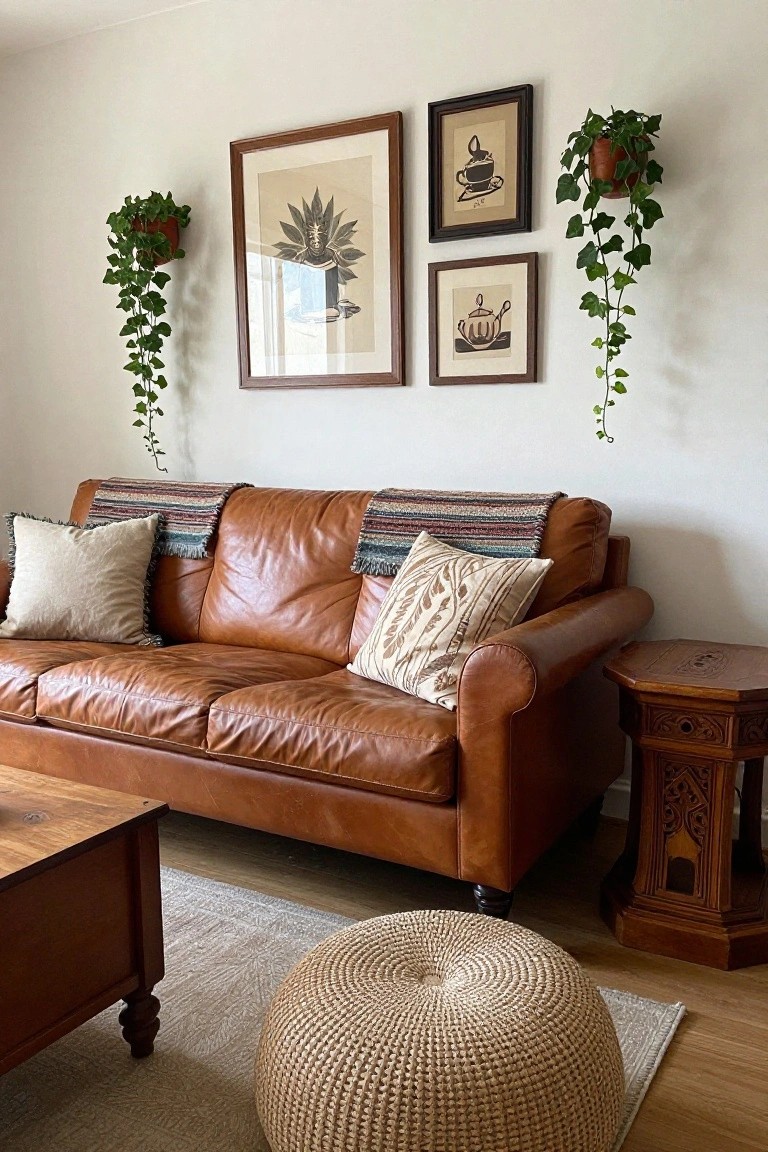 A tan leather three-seat sofa draped with a multicolored woven blanket and cream pillows against a white wall, flanked by wooden side table and coffee table, with wall art, hanging plants, and a woven pouf in front.