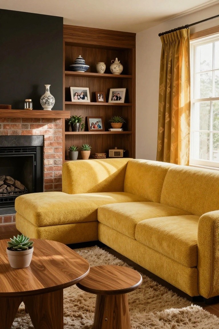 Living room with mustard yellow L-shaped upholstered sofa facing a brick fireplace, wooden built-in shelves with vases plants and photos, two wooden round tables, potted succulents, and yellow curtains on a window.