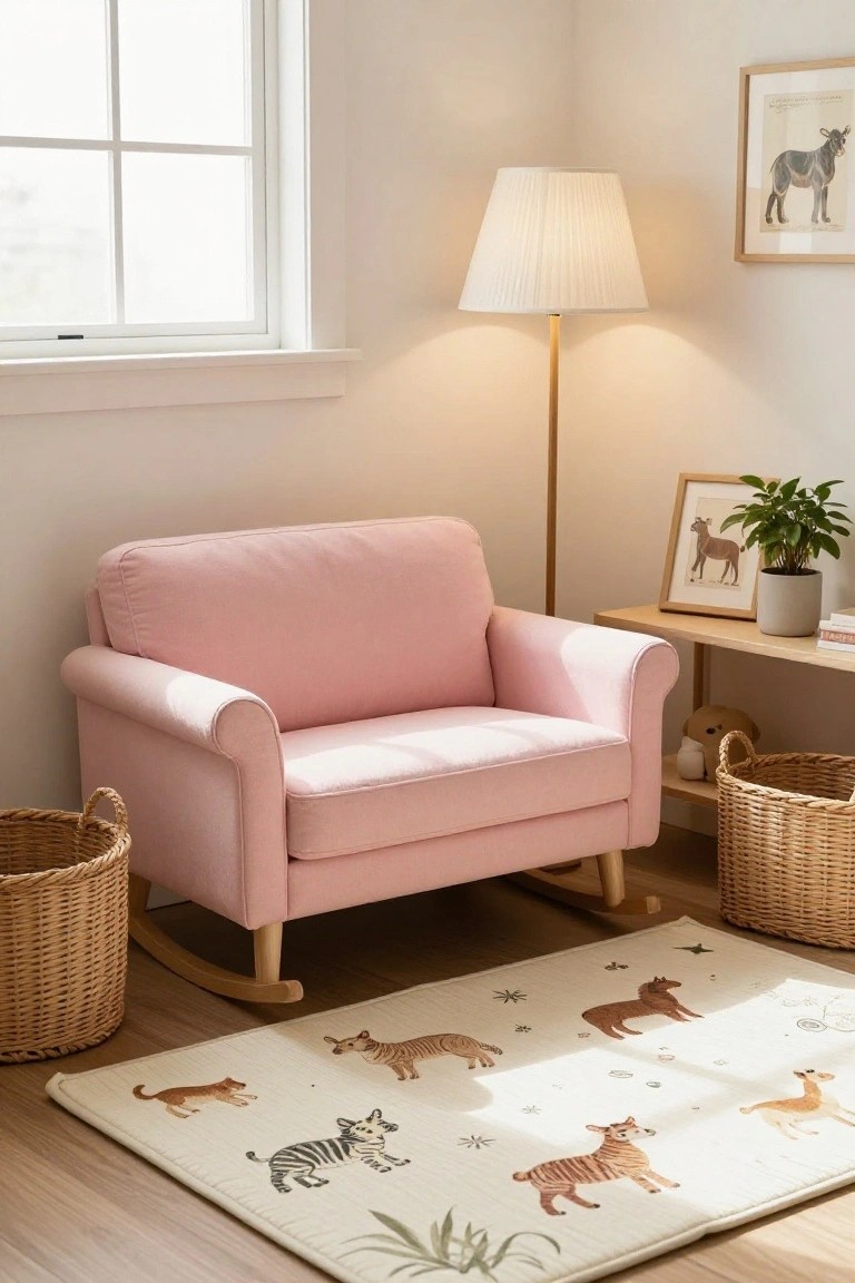 Pink upholstered rocking loveseat in a bright nursery corner next to a window, with a beige animal-print rug, wicker baskets, floor lamp, side table, and framed animal artwork on walls.