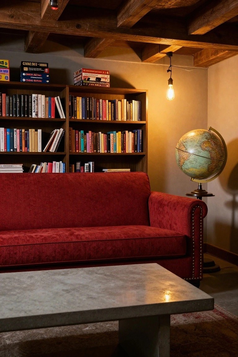 A red velvet tufted sofa positioned in front of wooden bookshelves filled with books and board games, beside a globe on a stand, with a concrete coffee table, pendant bulb light, and exposed wooden beam ceiling.