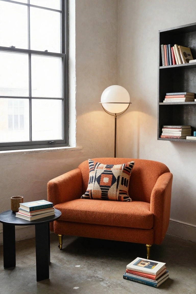 Burnt orange retro armchair with geometric patterned pillow in a corner of a white-walled room with industrial windows, black metal bookshelves stocked with books, black side table holding stacked books and a mug, white globe lamp on gold stand, and books on the floor.